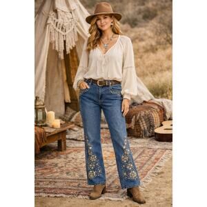 DG2 Diane Gilman Embellished Straight Leg Jeans High Rise Festival Western 8